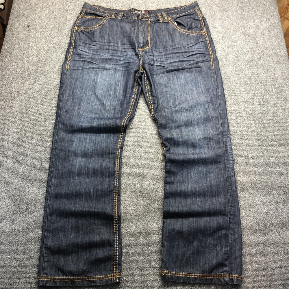 Y2K Royal Prestige Jeans Mens 42x34 Blue Baggy Embroidered Denim Pants